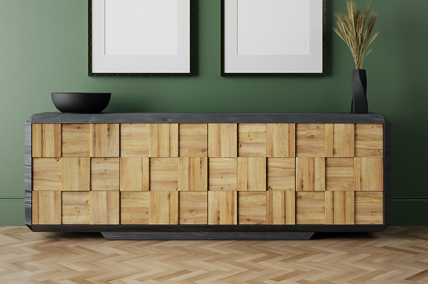 Herringbone pattern vinyl floor with chic modern sideboard.