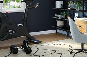 A home office includes a stationary bicycle to make workouts easy even during a busy day