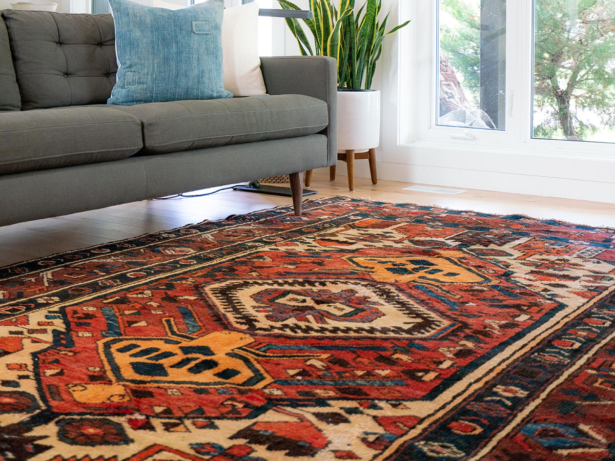 Colorful area rug in living room with gray couch.