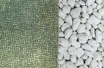 Close up of green floor tiles juxtaposed next to a photo of white rocks.