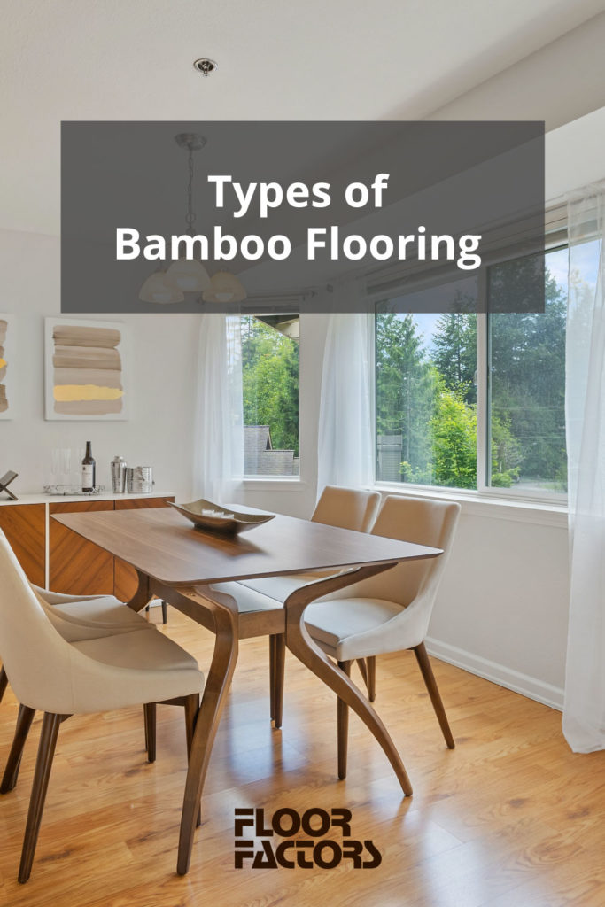 Light colored bamboo floors in a dining room with Mid-Century modern table and chairs.