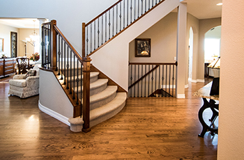 A home with traditional design features a white carpeted staircase and hardwood floors.