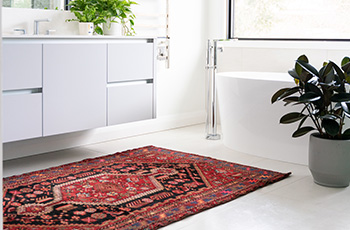 A red, vintage-style Oriental rug pops in this stark white bathroom.