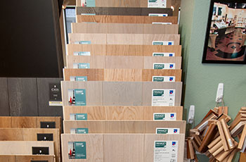 Wood flooring samples in Floor Factors' Portland showroom.
