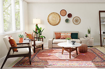 An Oriental area rug is the showstopper in this bohemian design inspired living room.