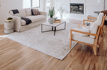 Close up shot of the seating area of the previous living room. Light wood floors complemented by a white rug, sofa, and chairs.