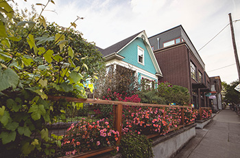 View from sidewalk of a turquoise house next to a retail space and lined with pink flowers.